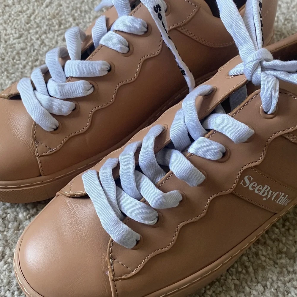 Like new! See By Chloe Essie Leather Tan Sneakers with White Laces